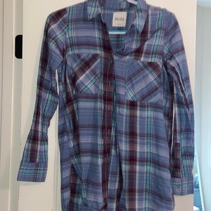 Size small Mudd brand flannel shirt. Blue with purple, white, and teal flannel